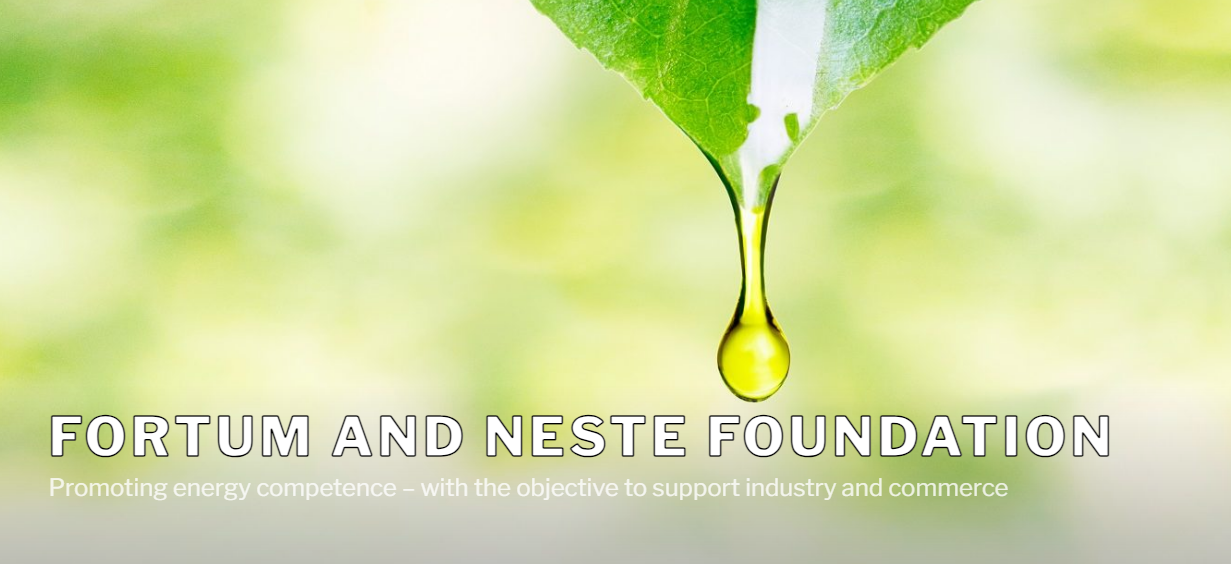 Logo text of Fortum and Neste Foundation with dripping green leaf in the background