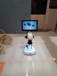 Photo showing a microscope with a screen folded up displaying metallic crystals